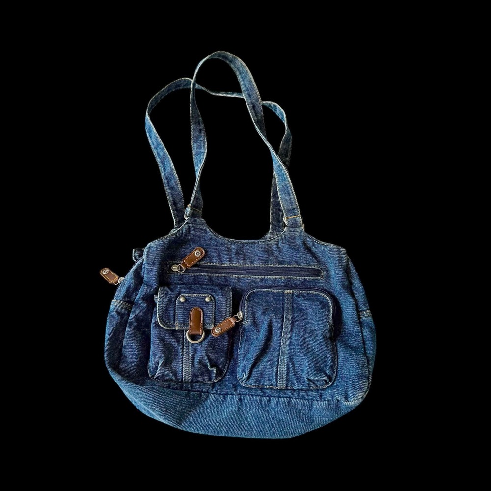 Y2K Blue Denim Multi Pocket Shoulder Bag Utility Handbag Cargo Purse